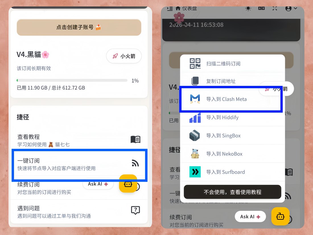 点击一键订阅，导入到 Clash Meta