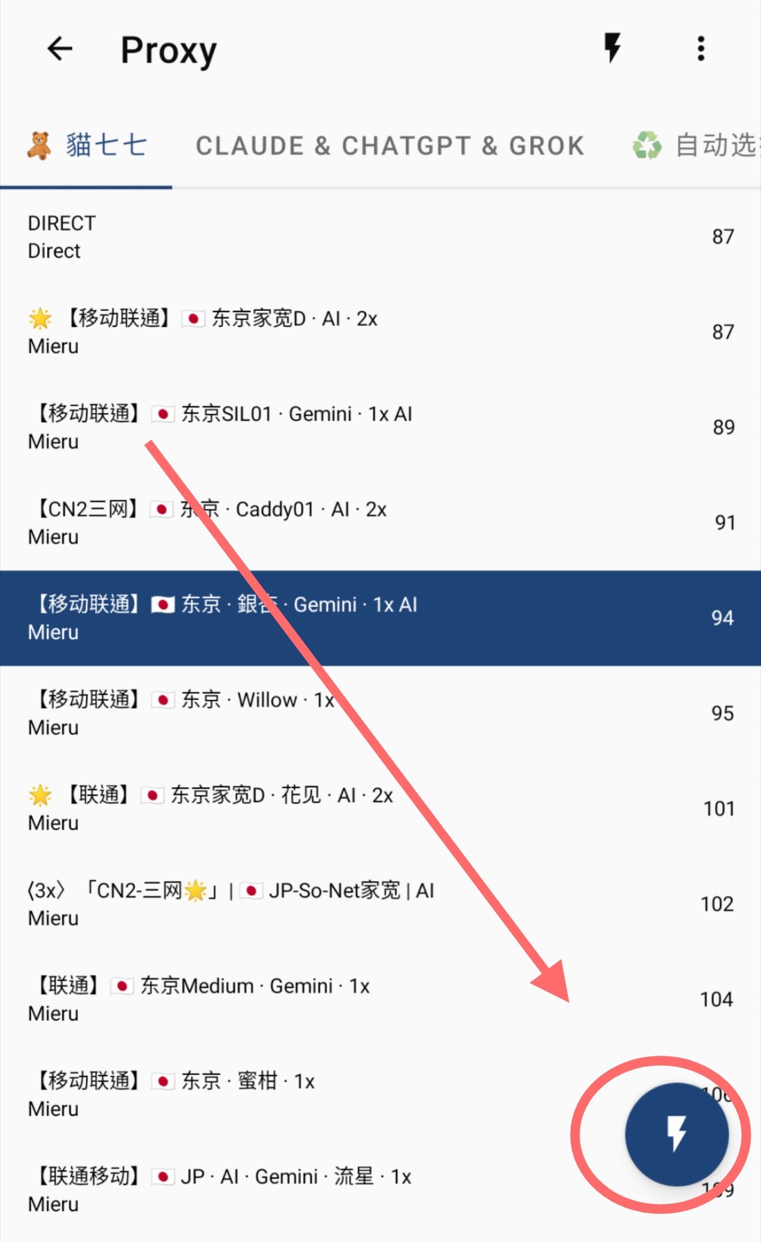 点击小闪电测试延迟，藏青色高亮为当前选中节点