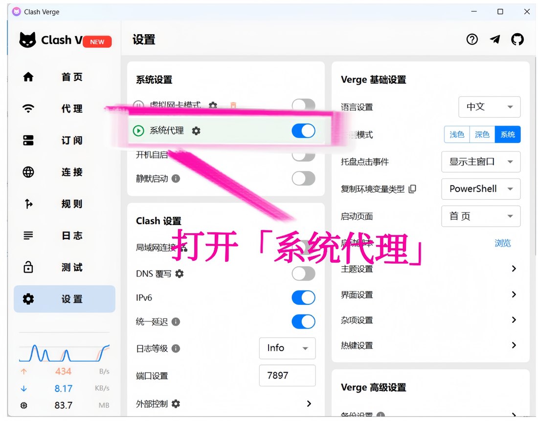 打开「系统代理」开关
