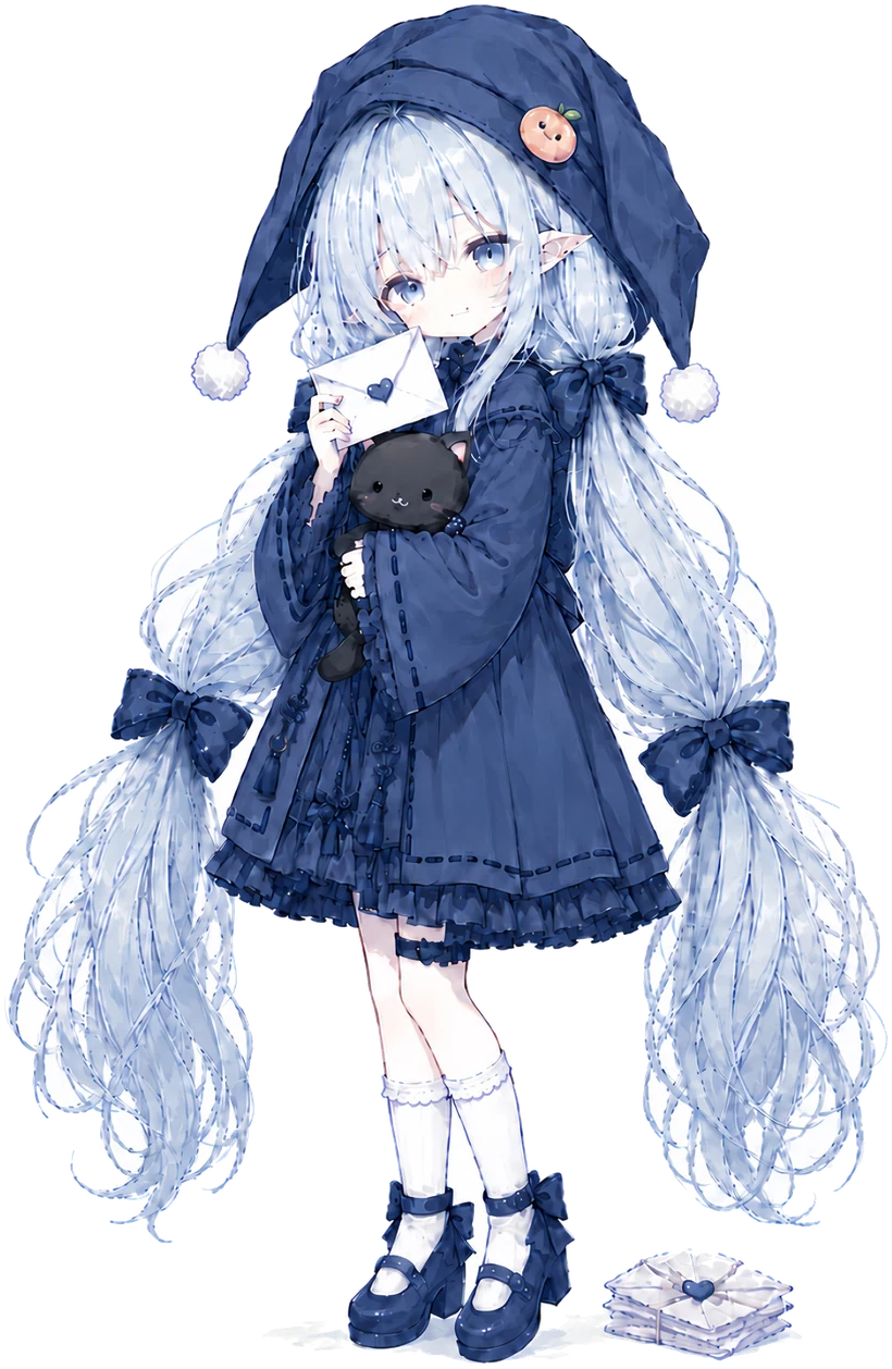 貓七七看板娘：戴睡帽的银发少女，抱着黑猫与一封信